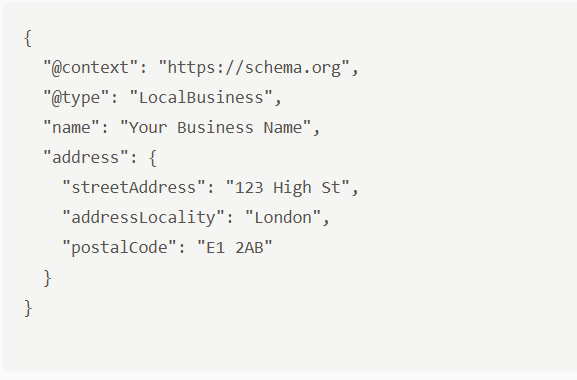 JSON data for LocalBusiness, including name and address with street, locality, and postal code.