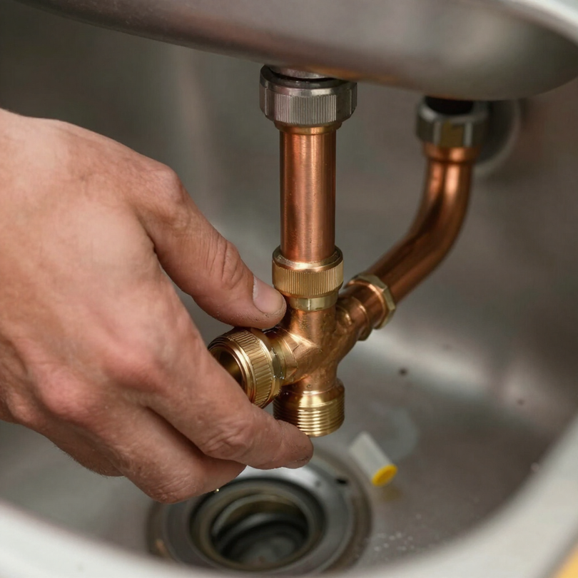 Plumber connecting copper pipe fittings under a sink