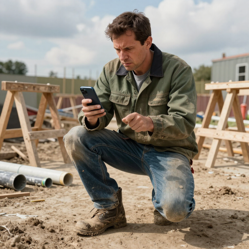 Contractor looking at missed call on smartphone