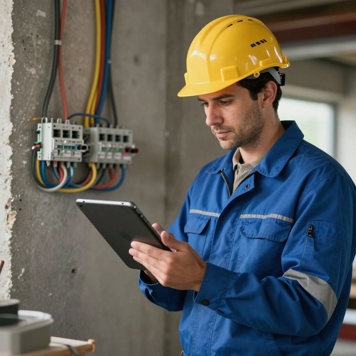 Electrician reviewing work on tablet at job site
