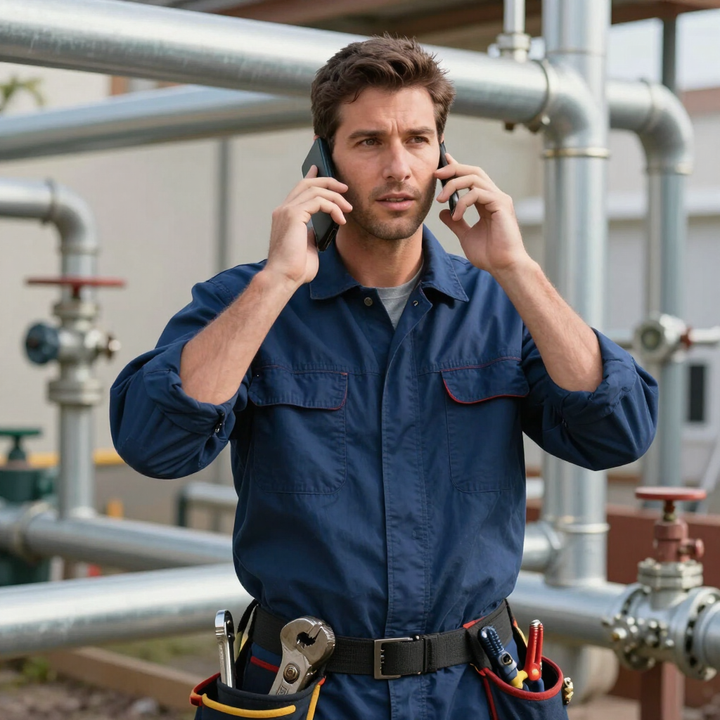 Plumber speaking on phone at job site