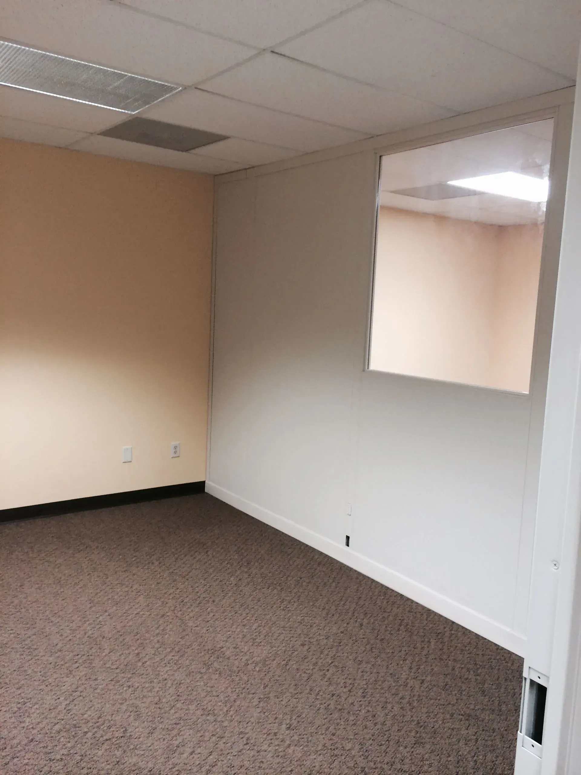 Empty office room with brown carpet, beige walls, and a window reflecting the interior.