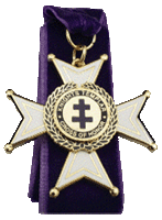White cross medal with black center emblem, hanging on a purple ribbon-backed display case