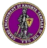Circular Knights Templar logo with a silver armored knight on a purple background and gold border.