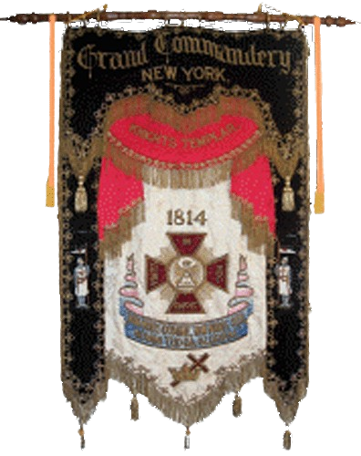 New York ceremonial banner with black, red, white, and gold embroidery, reading “Grand Company” and “1814”