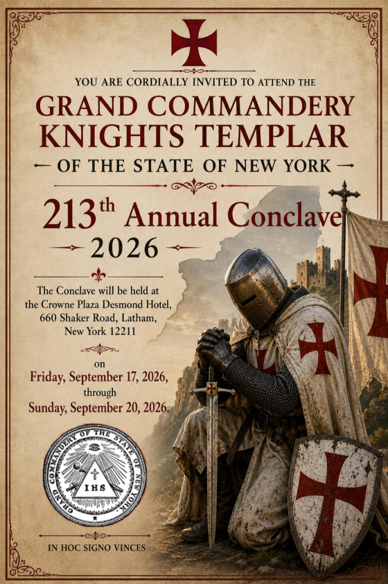 Grand Commandery Knights Templar 213th Annual Conclave 2026 poster with armored knight and red cross emblem