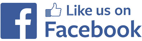 Facebook logo with thumbs-up icon and “Like us on Facebook” text on a blue background