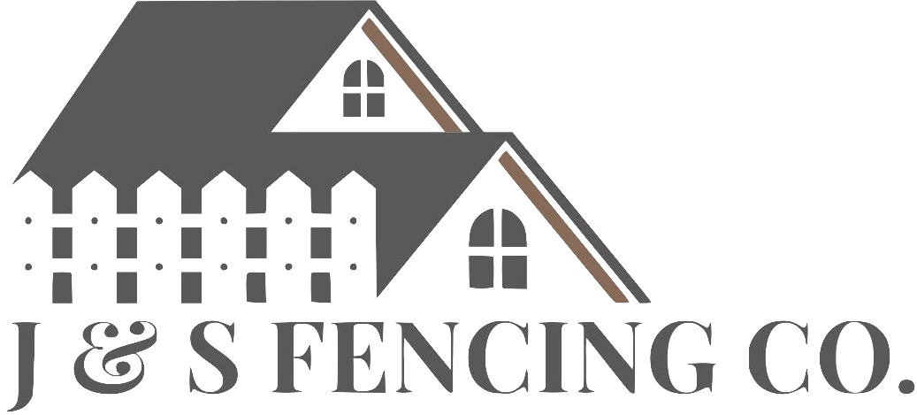 J & S Fencing Co. in Conway logo with a house roof and white picket fence in gray and black