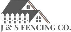 J & S Fencing Co. in Conway logo with a house roof and white picket fence in gray and black