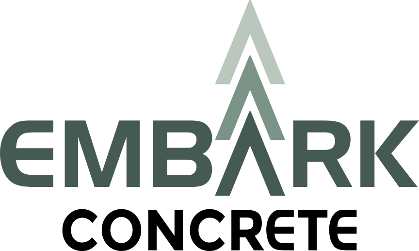 Logo for Embark Concrete. Dark green text with three upward-pointing gray triangles above the 