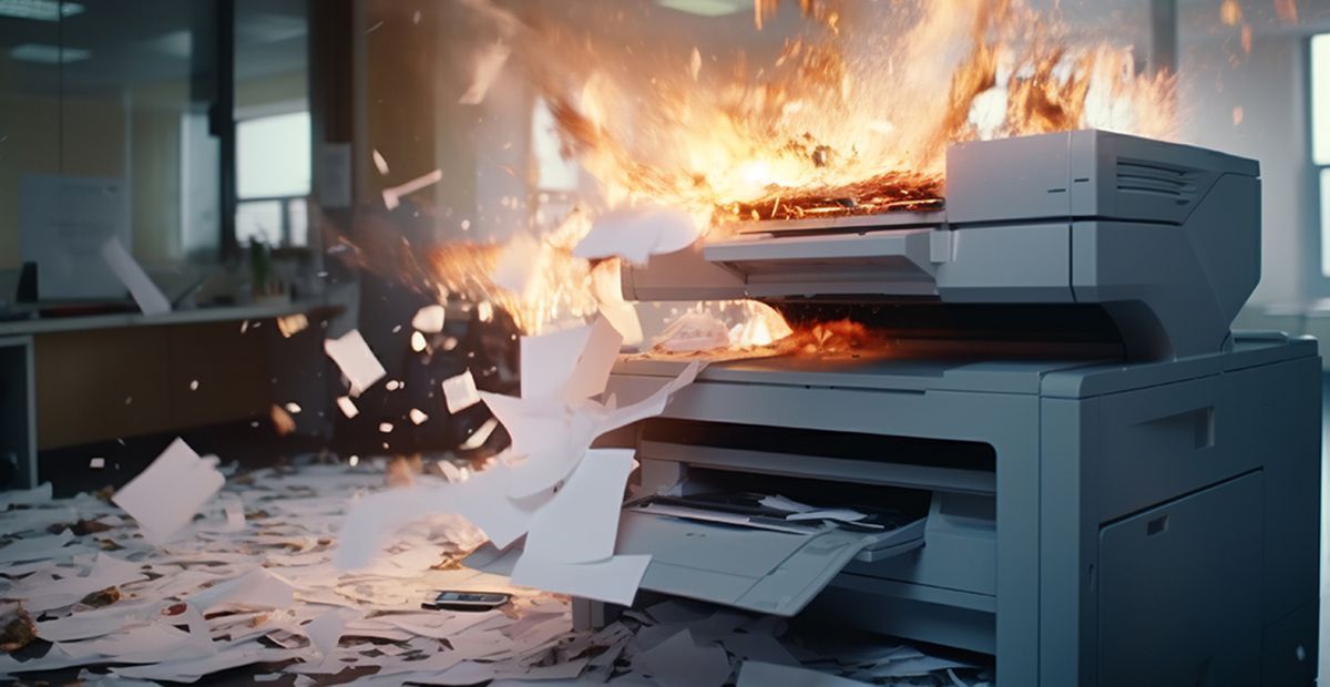Office printer engulfed in flames, paper scattered across the floor, with smoke and sparks in a workspace