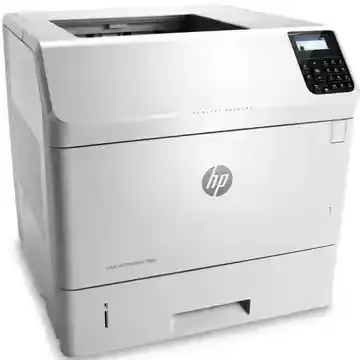 A white hp printer is sitting on a white surface.