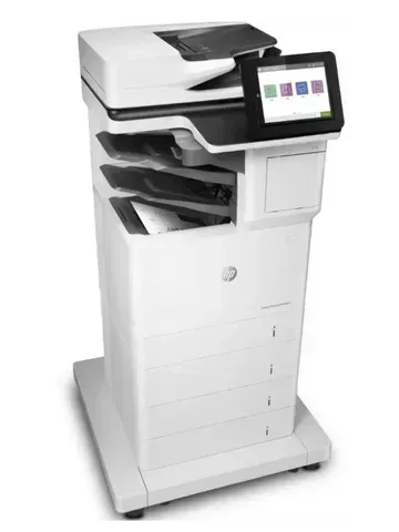 A white printer with a screen on top of it on a white background.