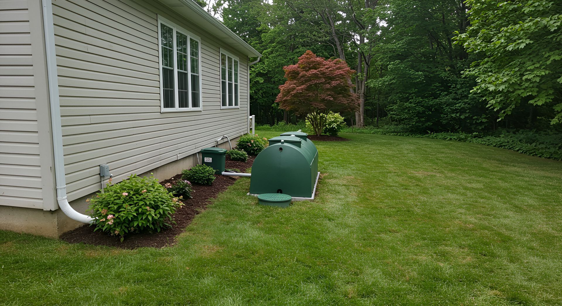 Residential septic tank system installed beside a home with a landscaped lawn