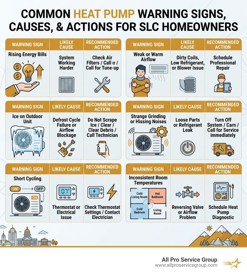 Infographic showing common heat pump warning signs, causes, and recommended actions for Salt Lake City homeowners - heat Infographic showing common heat pump warning signs, causes, and recommended actions for Salt Lake City homeowners - heat
