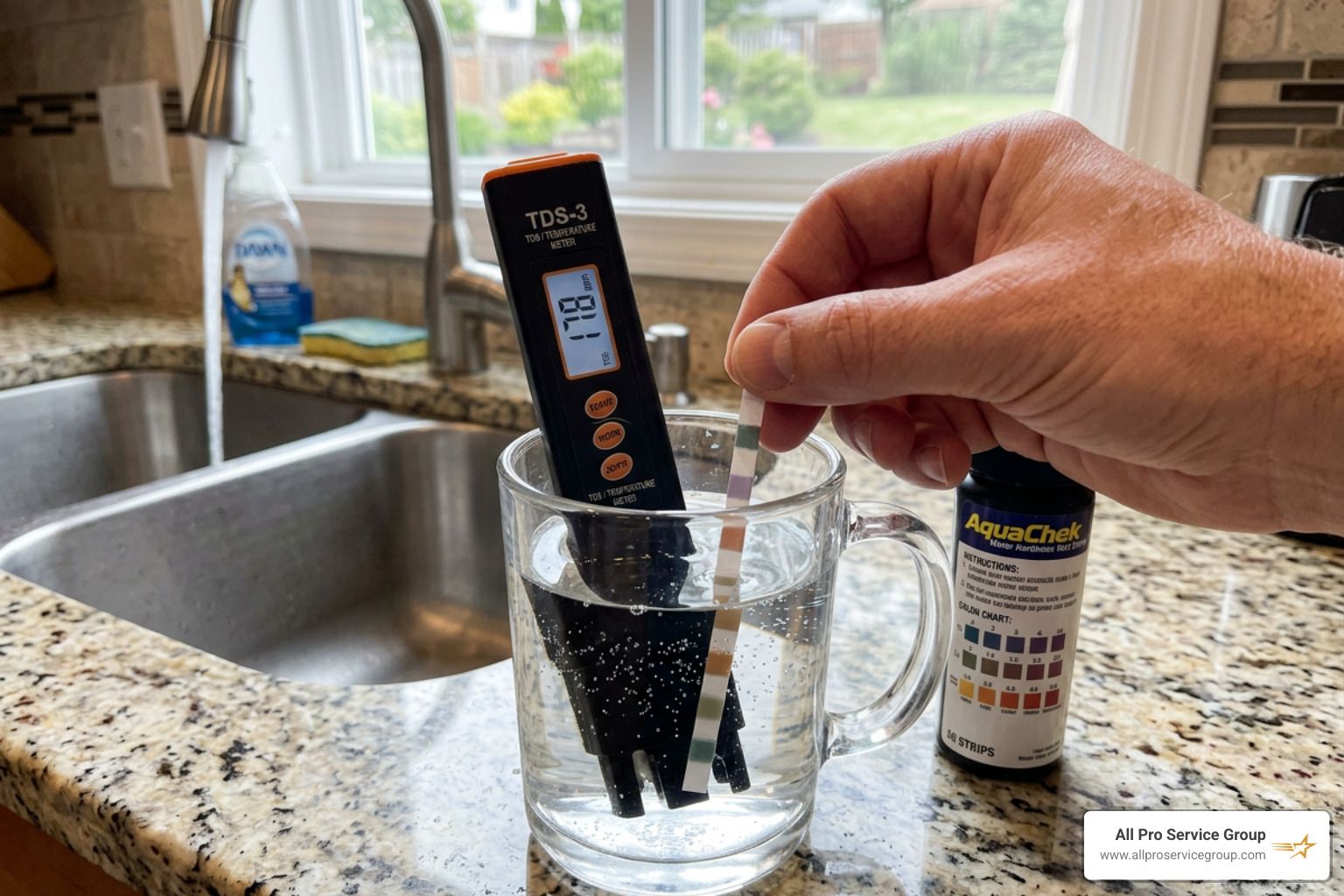 Testing water hardness with a digital meter and test strips - installation of water softeners Testing water hardness with a digital meter and test strips - installation of water softeners