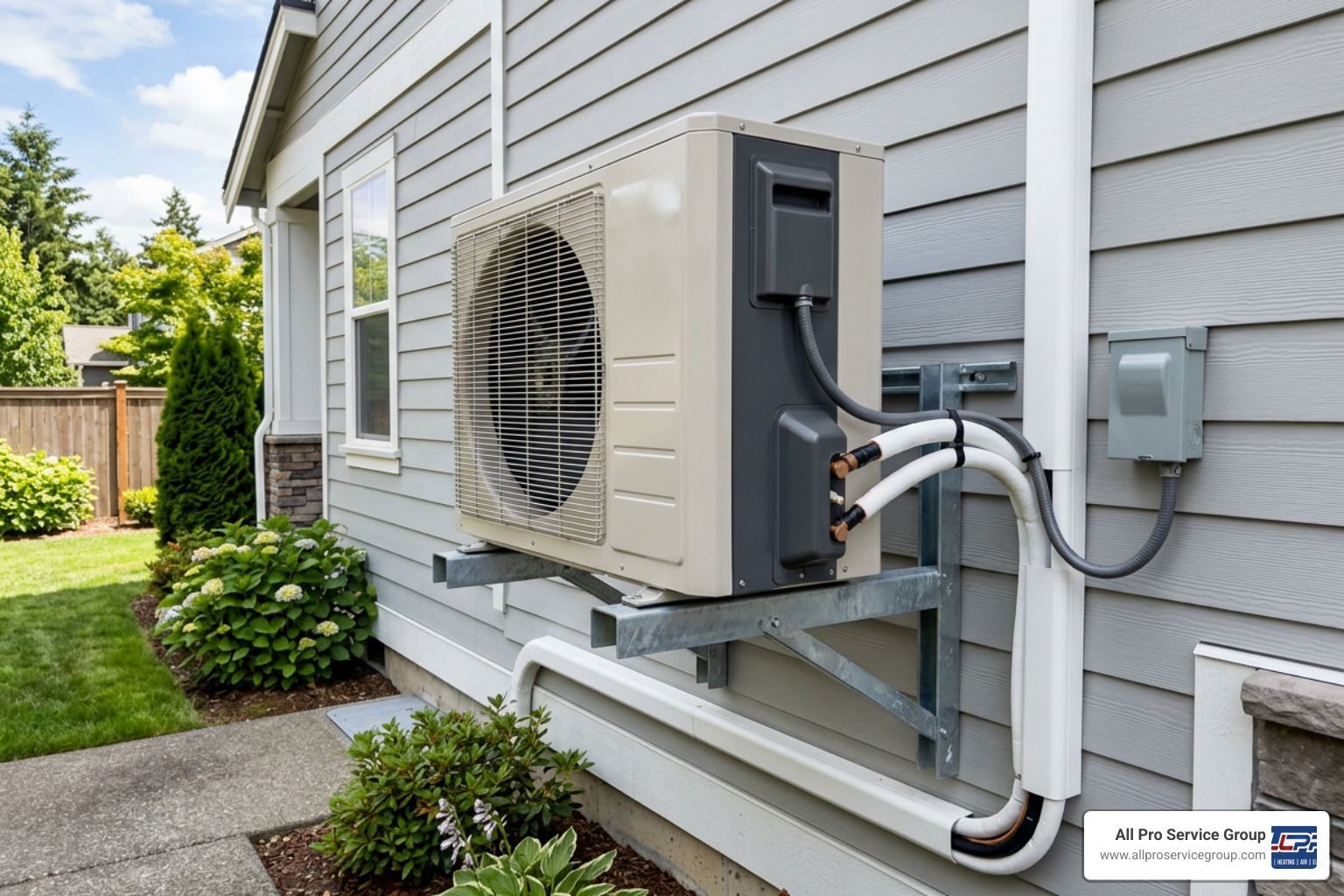 An outdoor condenser unit of a dual-zone mini split system installed on a bracket