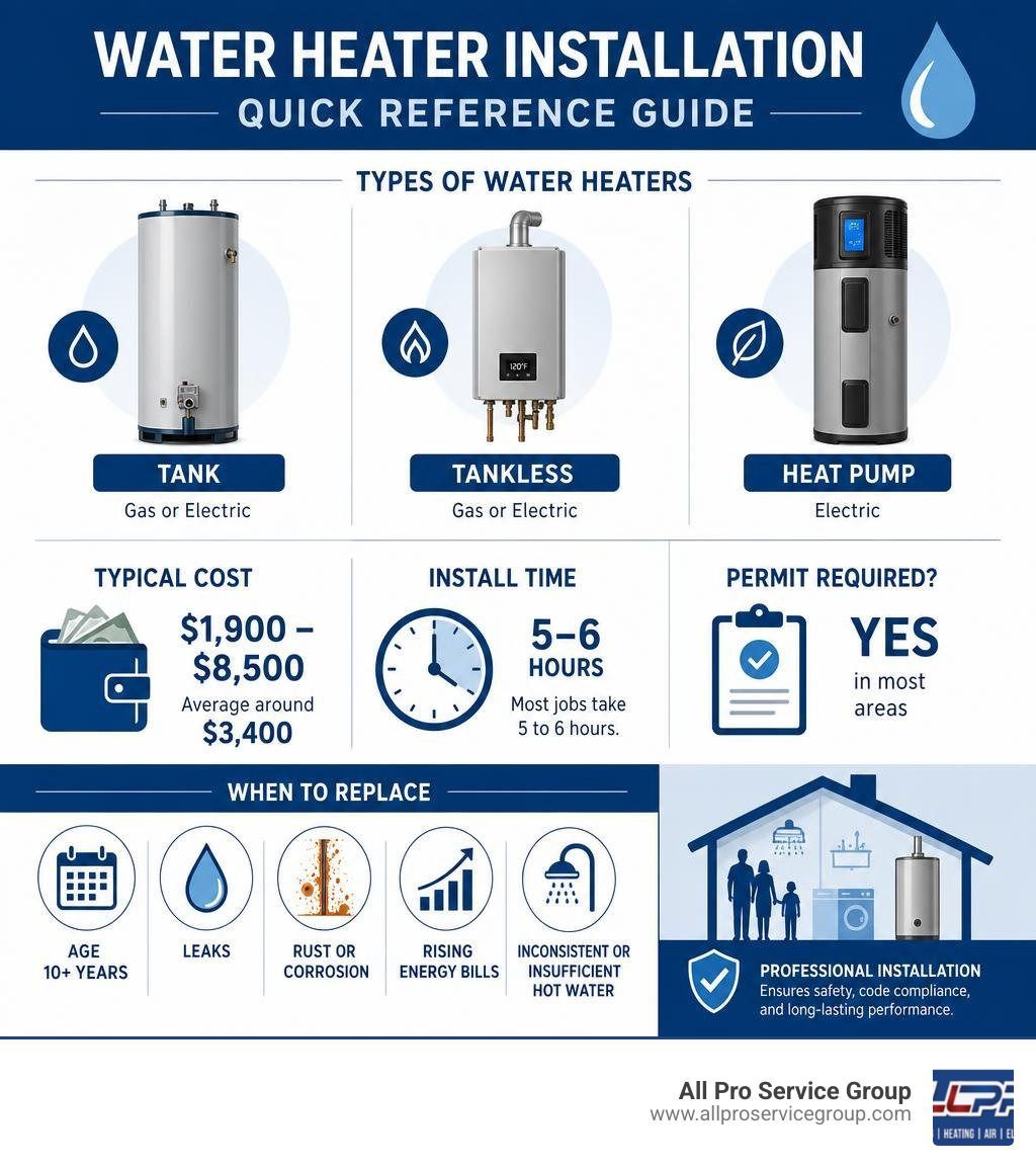 Water heater installation quick-reference infographic: types, cost ranges, install time, and when to replace infographic Water heater installation quick-reference infographic: types, cost ranges, install time, and when to replace infographic