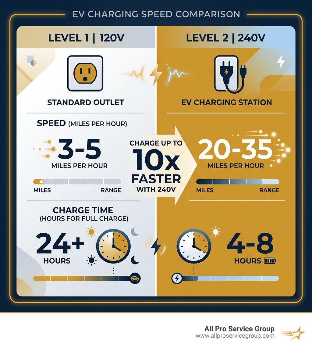 Infographic comparing Level 1 120V vs Level 2 240V EV charging speeds miles per hour and charge time - 240 volt charger