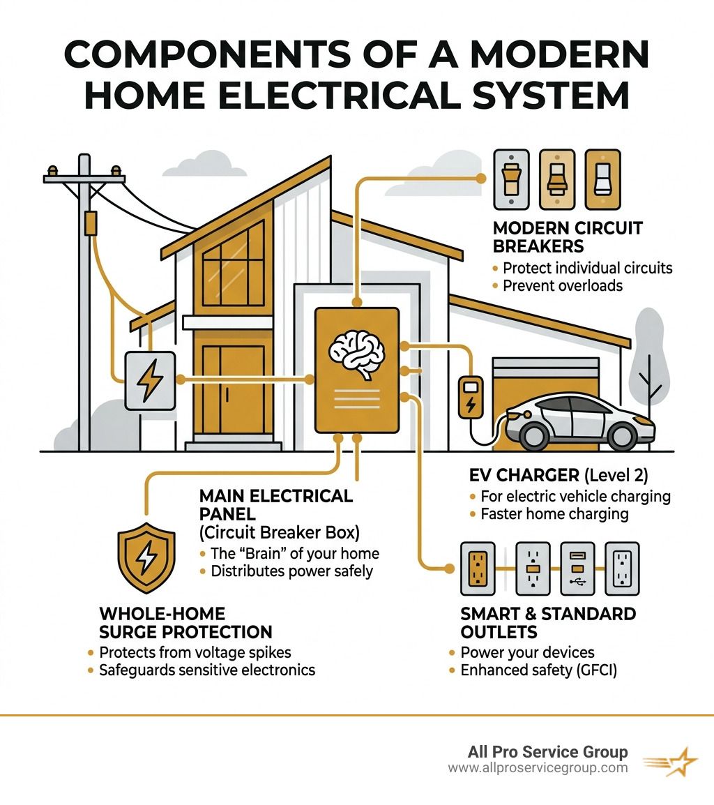 components of a modern home electrical system including panel, circuits, outlets, EV charger, and surge protection components of a modern home electrical system including panel, circuits, outlets, EV charger, and surge protection
