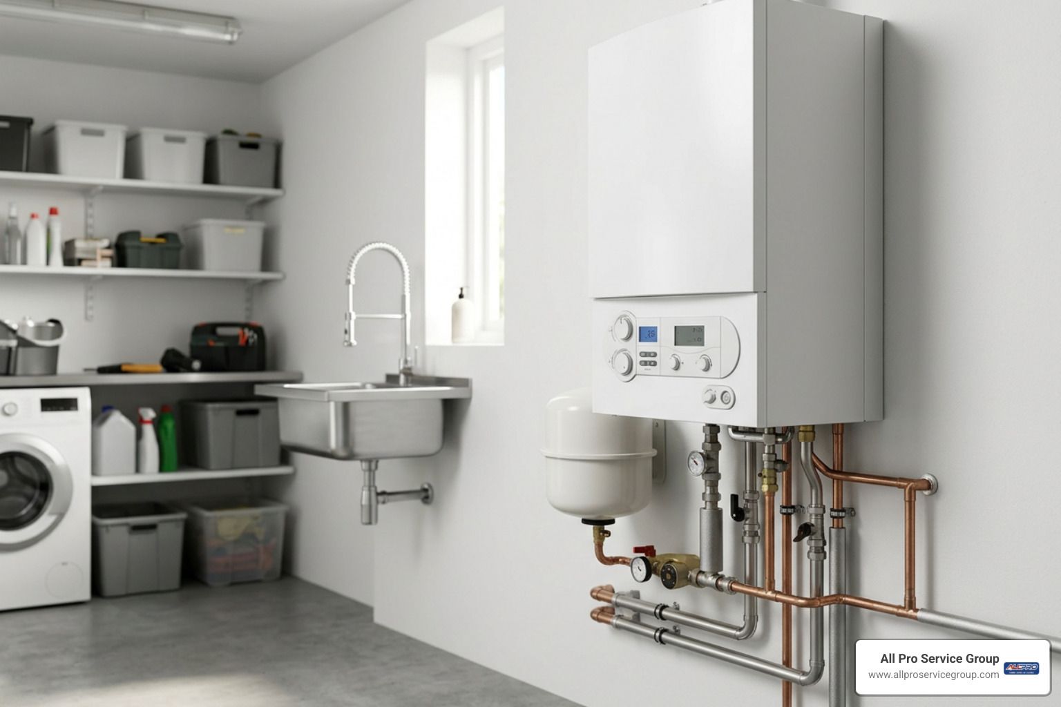 Modern compact wall-mounted combi boiler installed in clean residential mechanical room