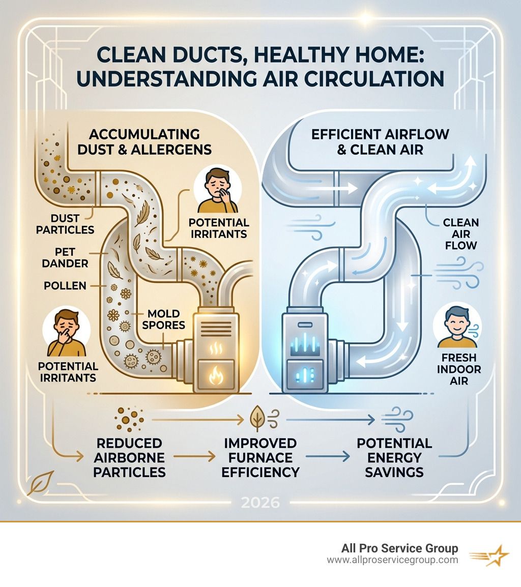 infographic showing how dust and allergens circulate through a home HVAC duct system - furnace cleaning duct infographic
