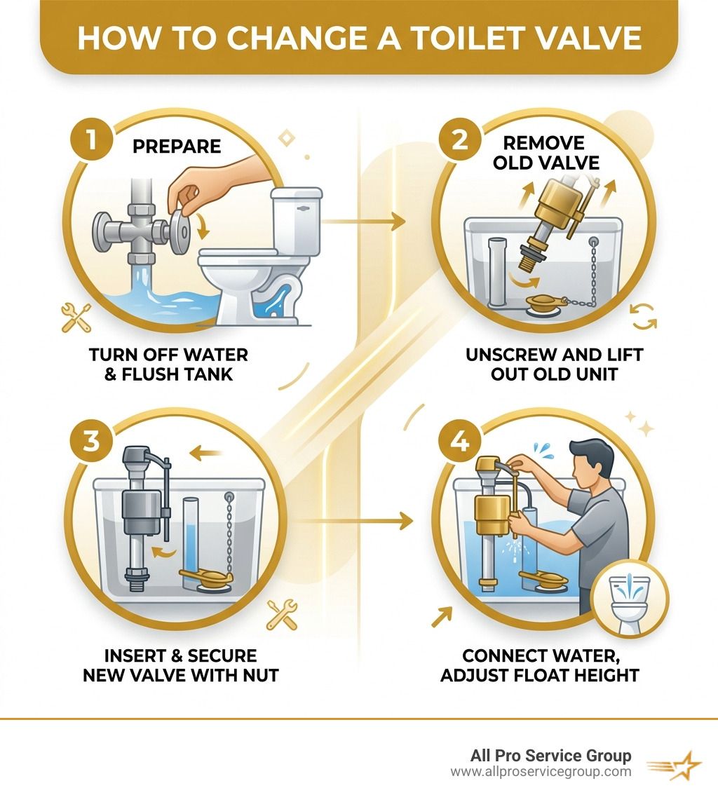 Diagram of toilet tank components including fill valve, float, overflow tube, flapper, and refill tube - changing toilet