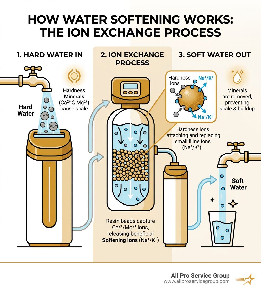 How water softening works: hard water in, ion exchange process, soft water out - installation of water softeners infographic How water softening works: hard water in, ion exchange process, soft water out - installation of water softeners infographic