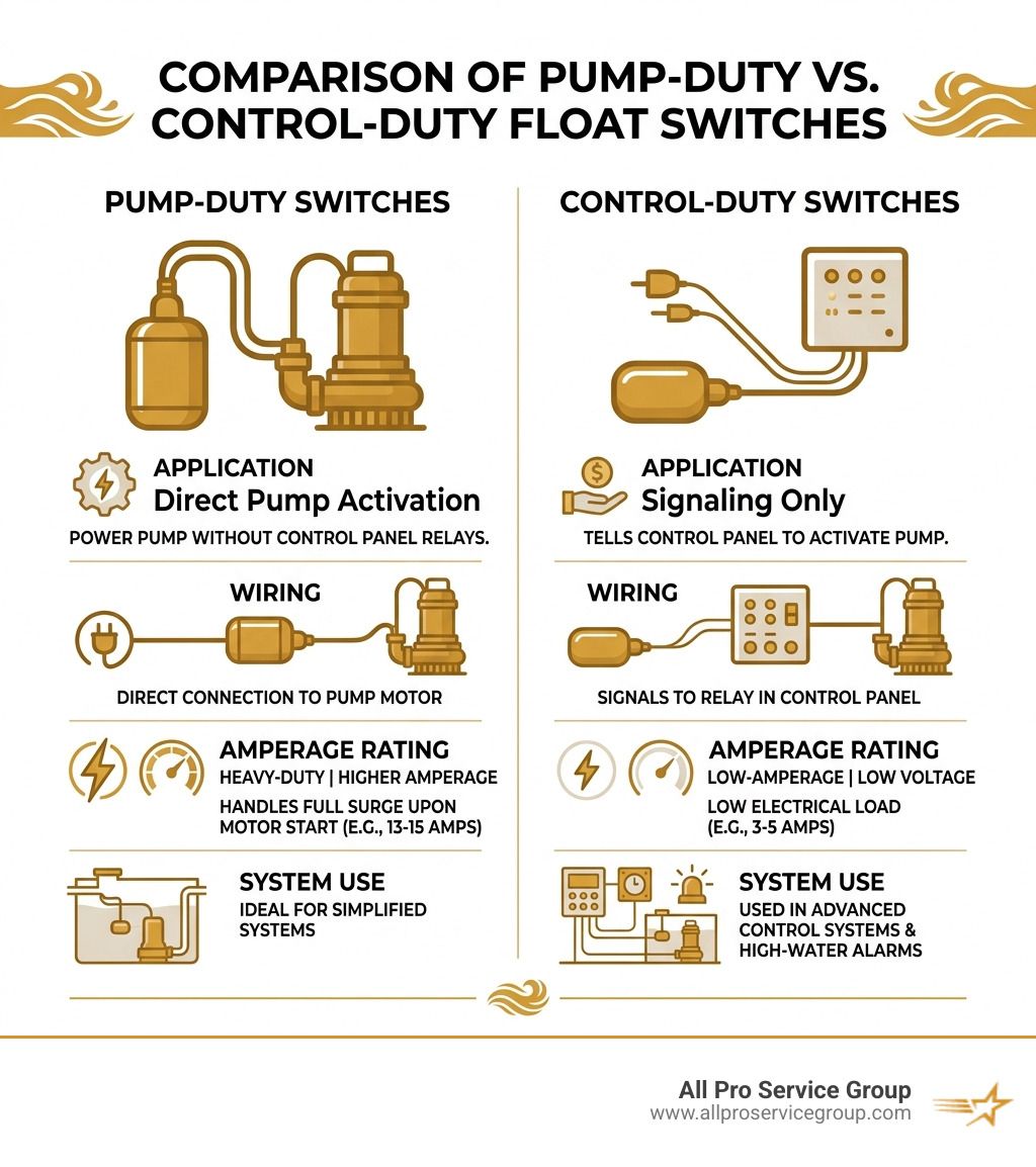 Comparison of Pump-Duty vs. Control-Duty Float Switches - septic tank float switch replacement infographic