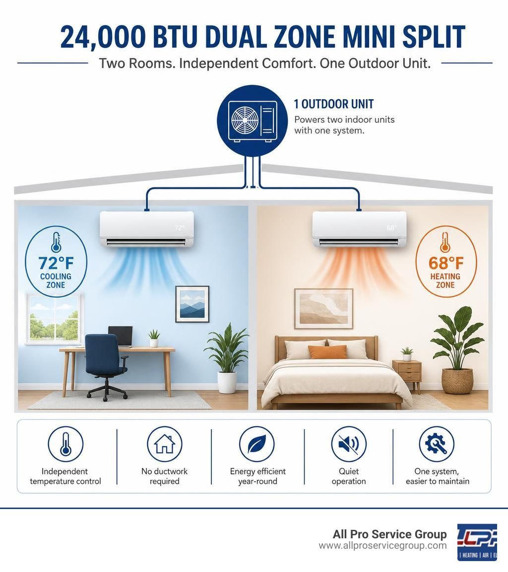 Infographic showing how a 24000 BTU dual zone mini split conditions two rooms independently with one outdoor unit infographic