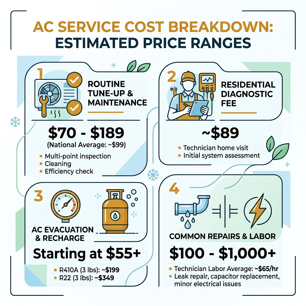 AC service cost breakdown infographic with price ranges for tune-ups, diagnostics, recharges, and repairs - ac service