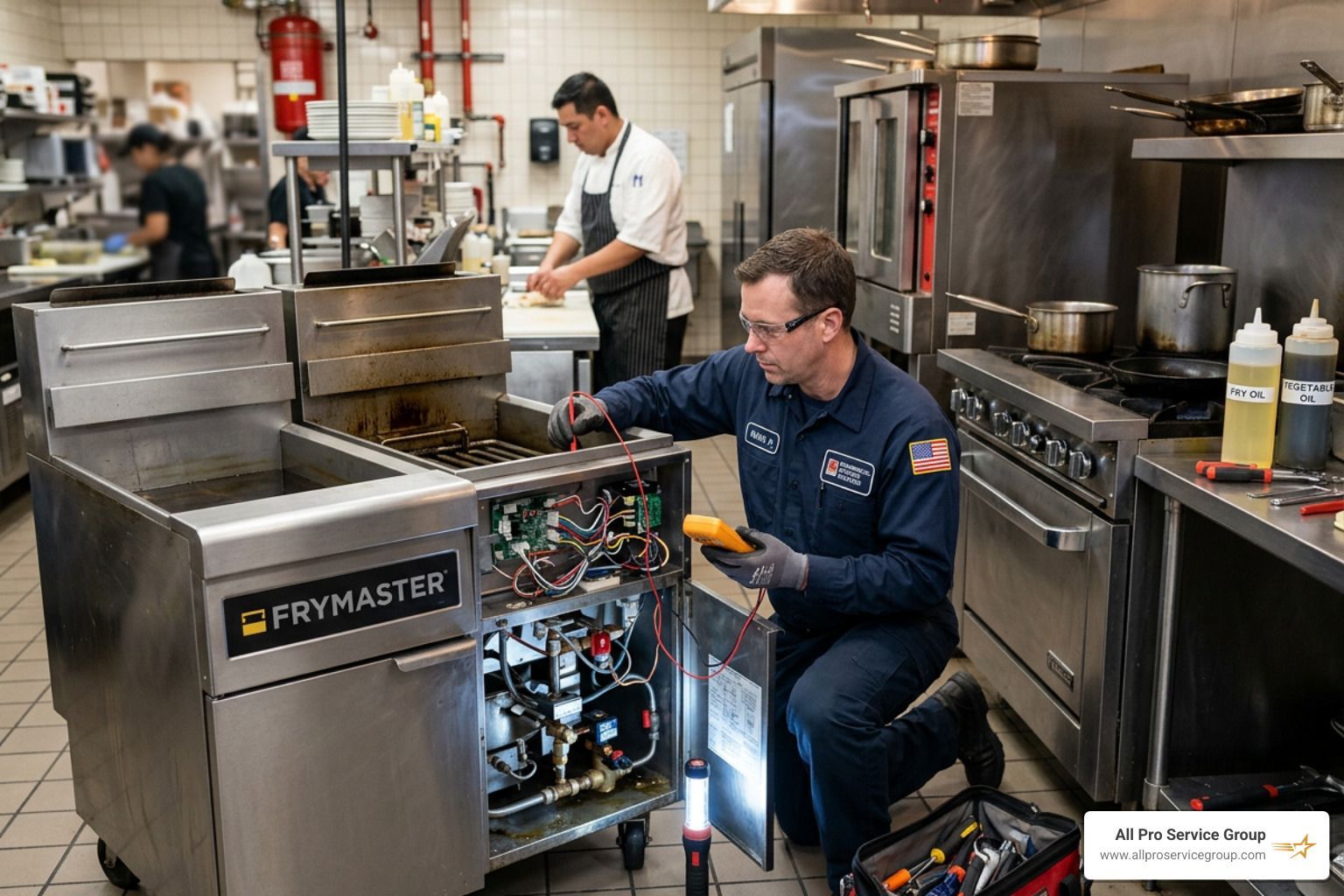 Technician kneels beside open kitchen equipment in a commercial kitchen, inspecting wiring and components. Technician kneels beside open kitchen equipment in a commercial kitchen, inspecting wiring and components.