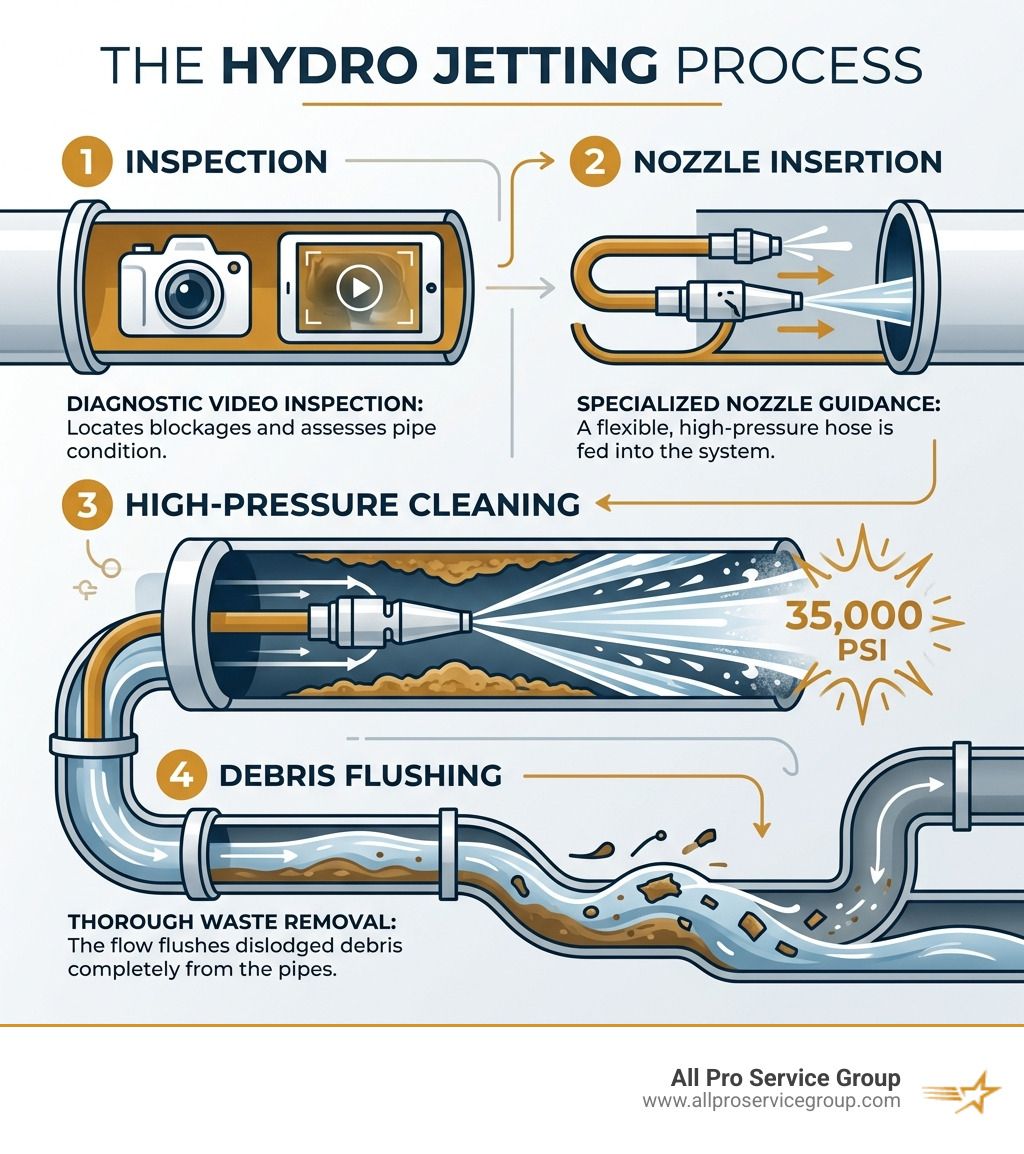 Infographic showing the hydro jetting process: inspection, nozzle insertion, high-pressure cleaning, debris flushing - hydro