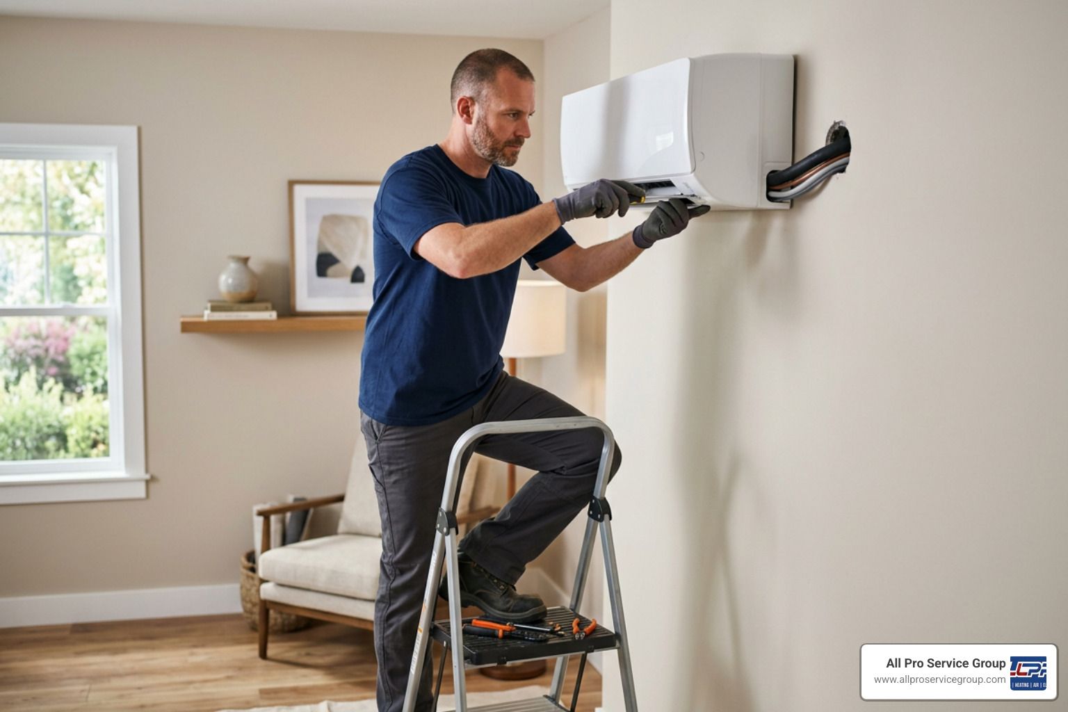 An HVAC technician carefully installing a wall-mounted indoor air handler