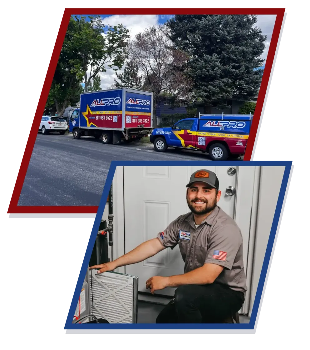 Man in uniform by AC unit, and company trucks; red and blue colors.