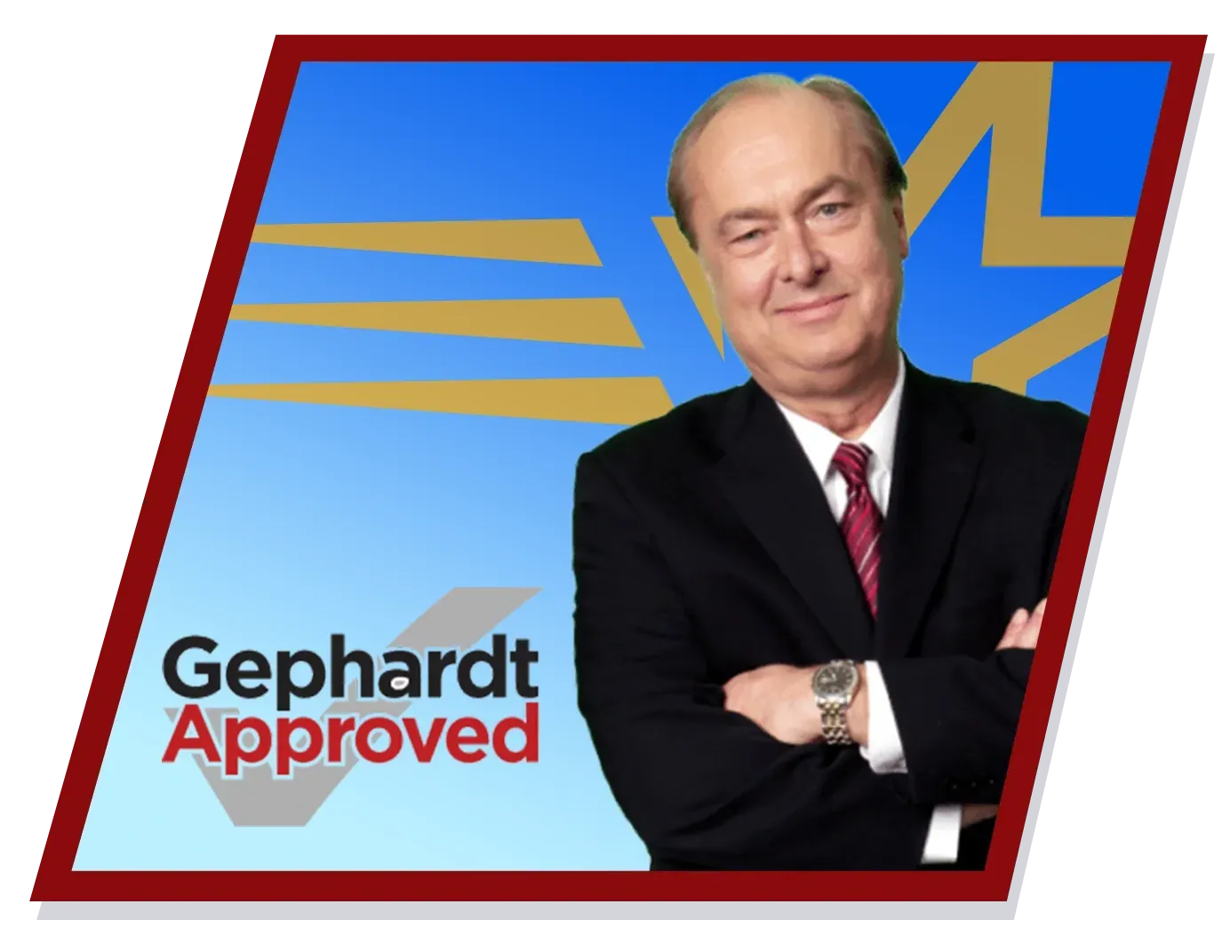 Gephardt in suit, arms crossed, smiling, against a blue background with gold star and stripes, 