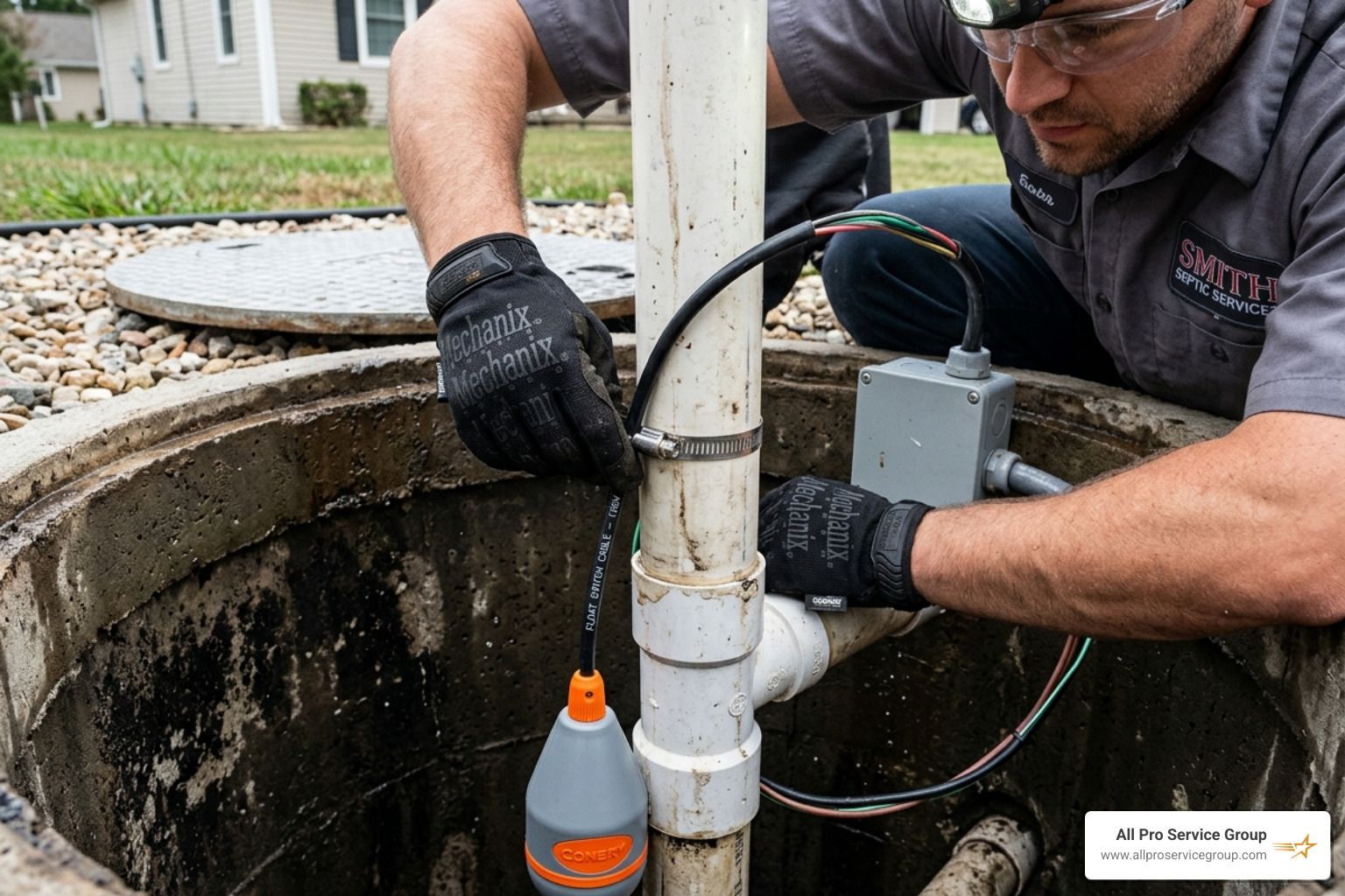 A technician carefully securing a new tethered float switch to a discharge pipe - septic tank float switch replacement