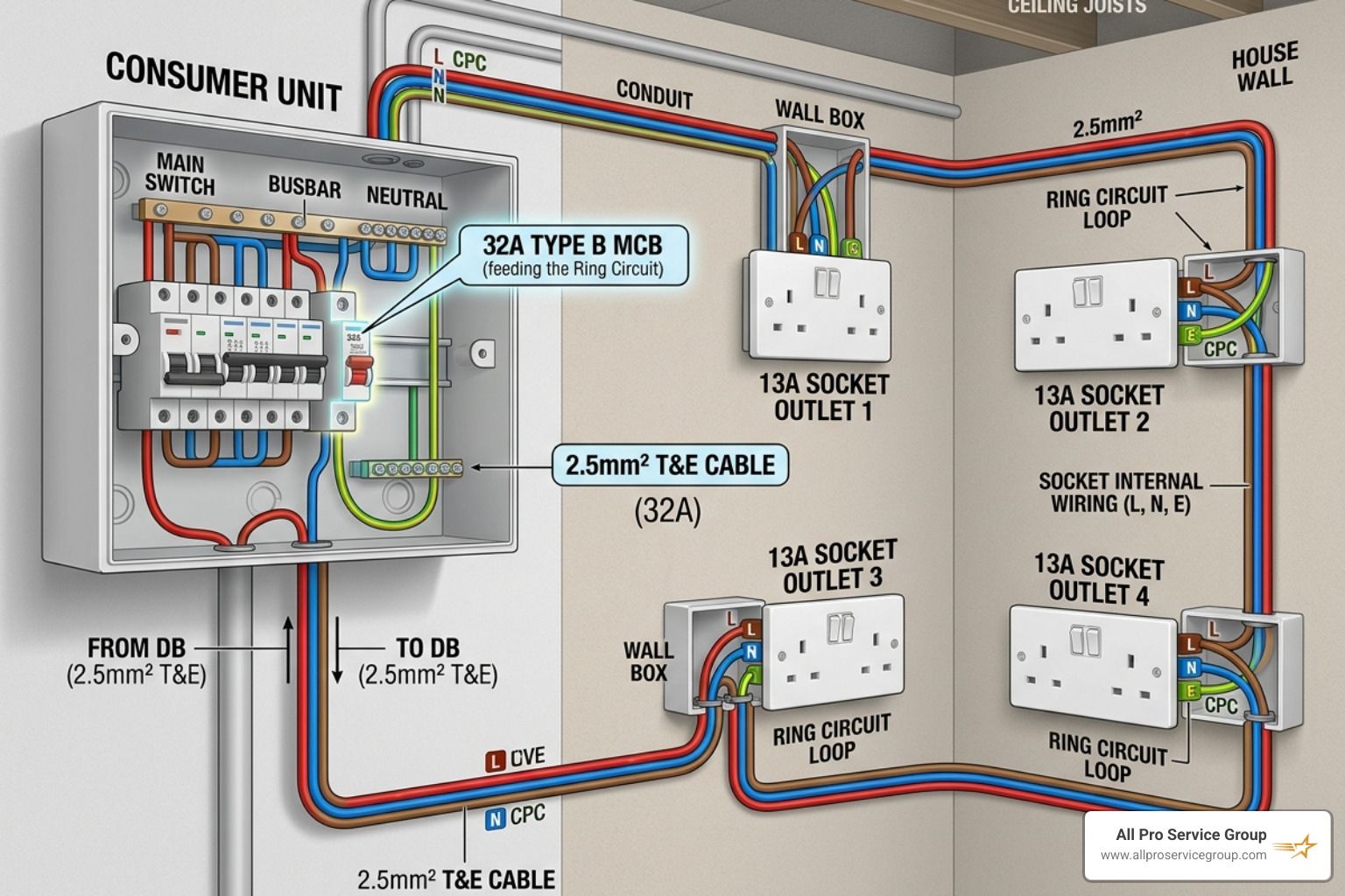 Diagram of a standard ring circuit layout showing 32A MCB and 2.5mm cables looping through multiple 13A sockets - 13a switch