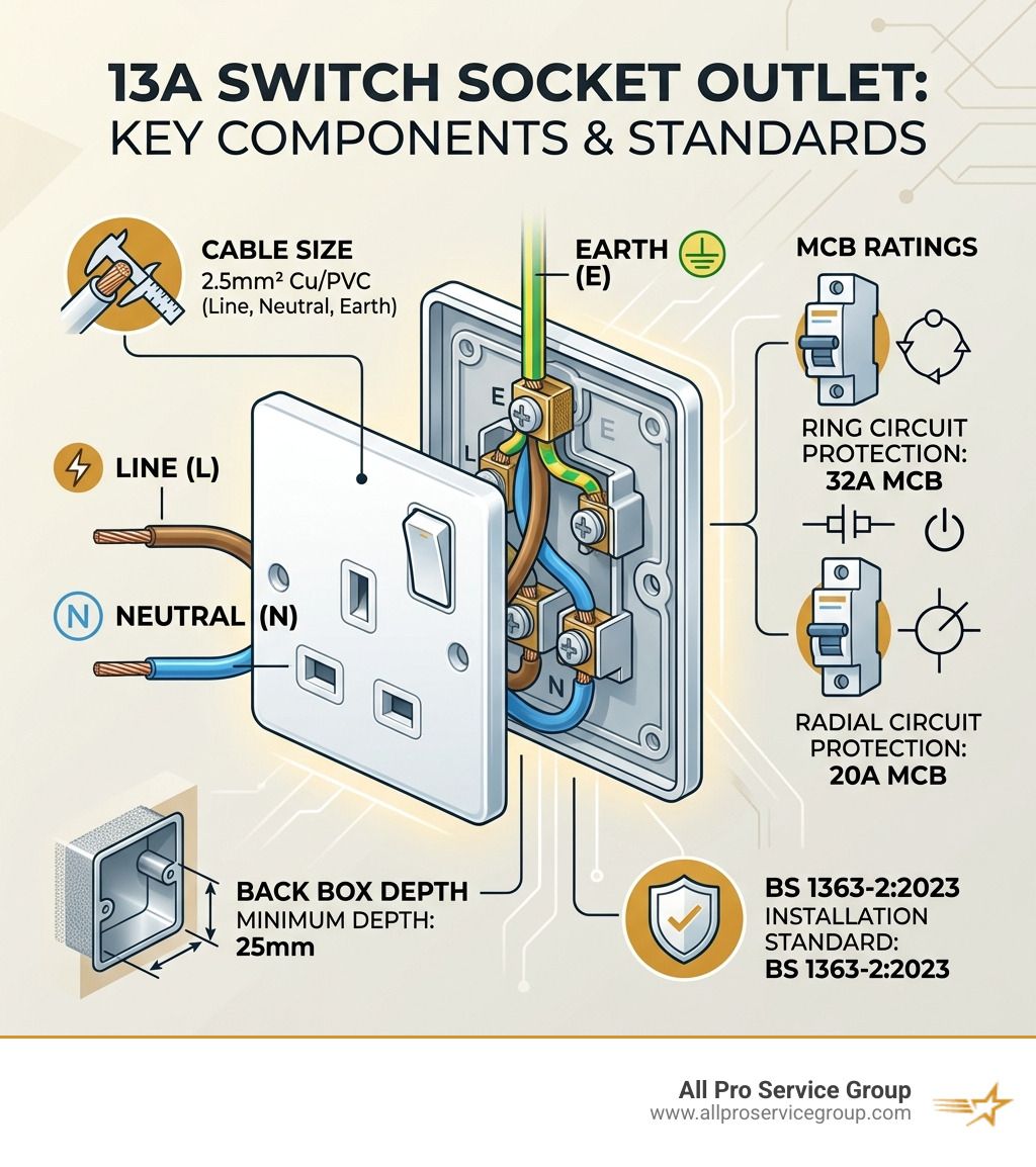 Infographic showing 13A socket components: Line, Neutral, Earth, MCB ratings, cable size, and back box depth - 13a switch Infographic showing 13A socket components: Line, Neutral, Earth, MCB ratings, cable size, and back box depth - 13a switch