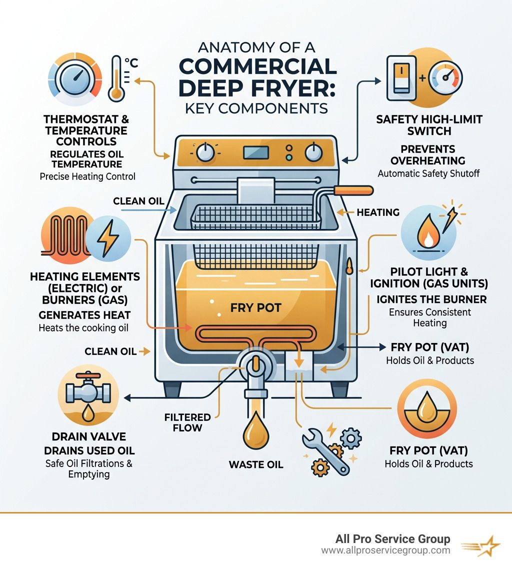 Diagram of a commercial deep fryer with labeled components, arrows, and safety parts in orange and blue. Diagram of a commercial deep fryer with labeled components, arrows, and safety parts in orange and blue.