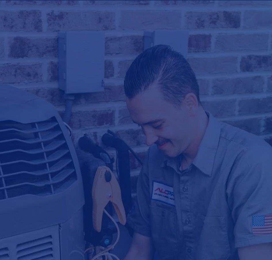 HVAC technician, smiling, servicing an air conditioner unit, brick wall background. HVAC technician, smiling, servicing an air conditioner unit, brick wall background.