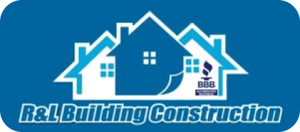Logo for R&L Building Construction, featuring blue houses and text on a blue background.