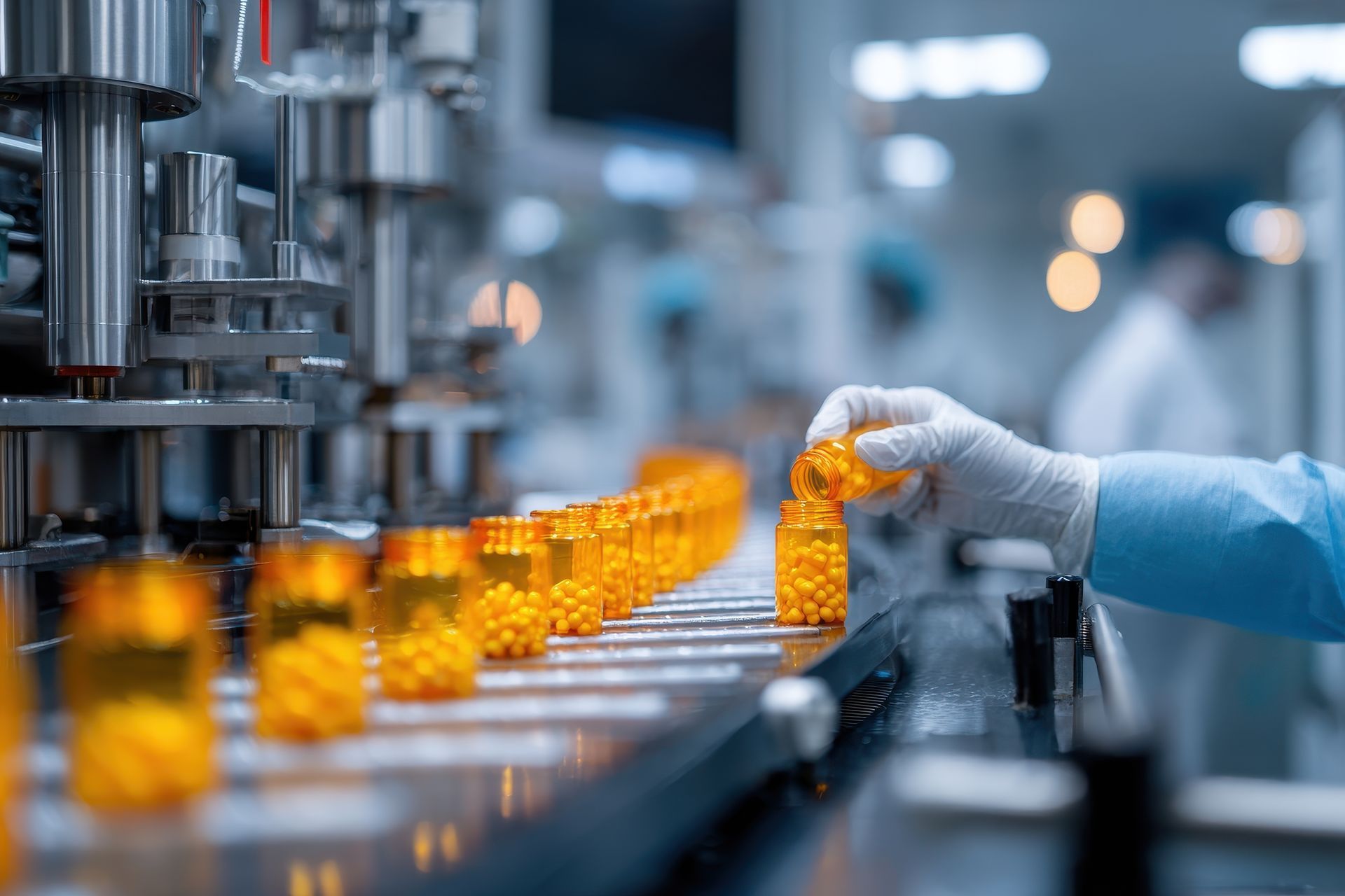 Pharmaceutical factory: Worker in gloves handling orange pill bottles on a conveyor belt.