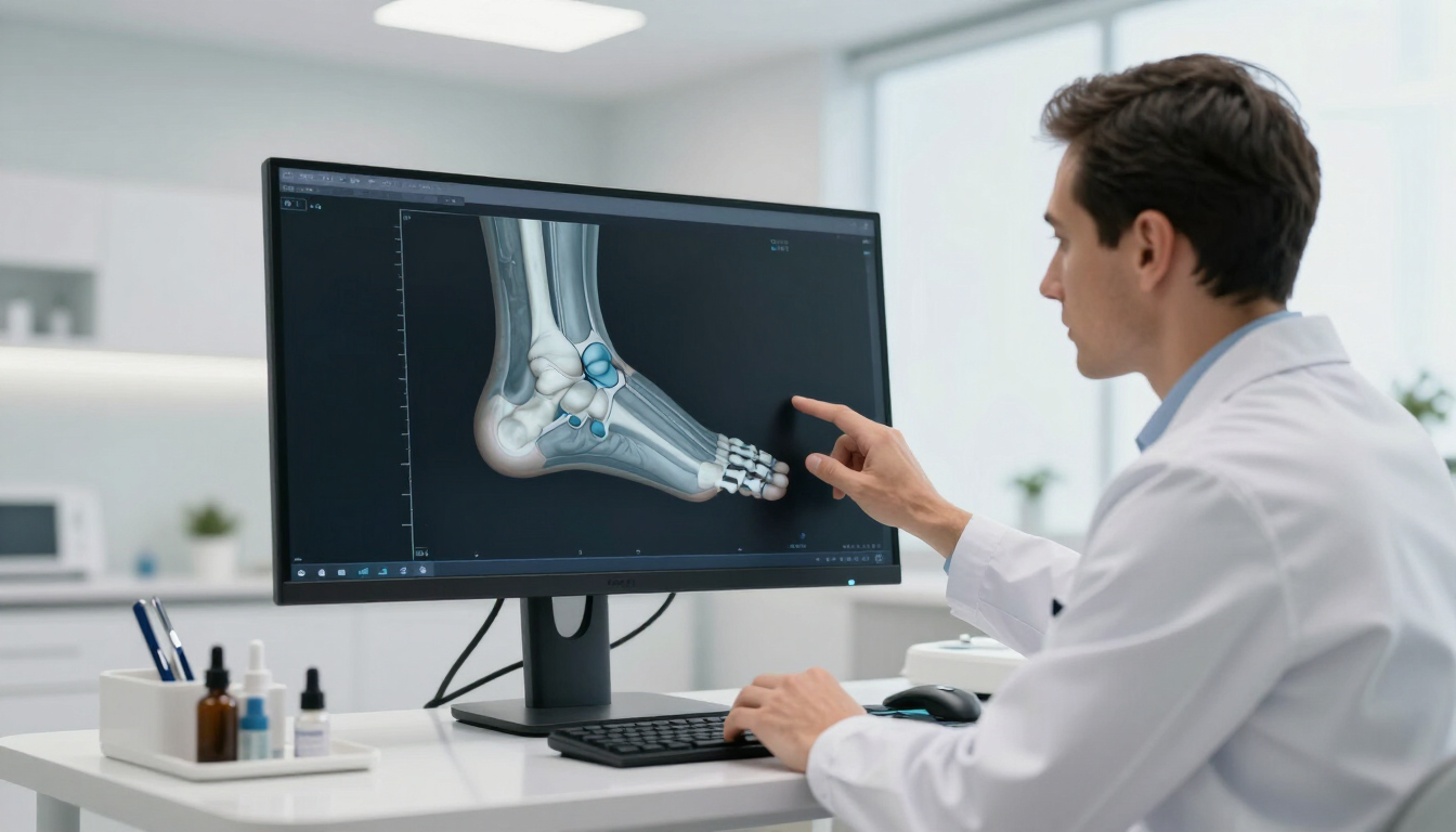 Podiatrist analyzing a 3D foot scan for custom orthotics
