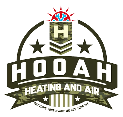 KLF Construction INC Logo HOOAH Heating and Air logo in camouflage green with stars and banner slogan