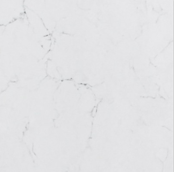White quartz countertop with subtle gray veining.