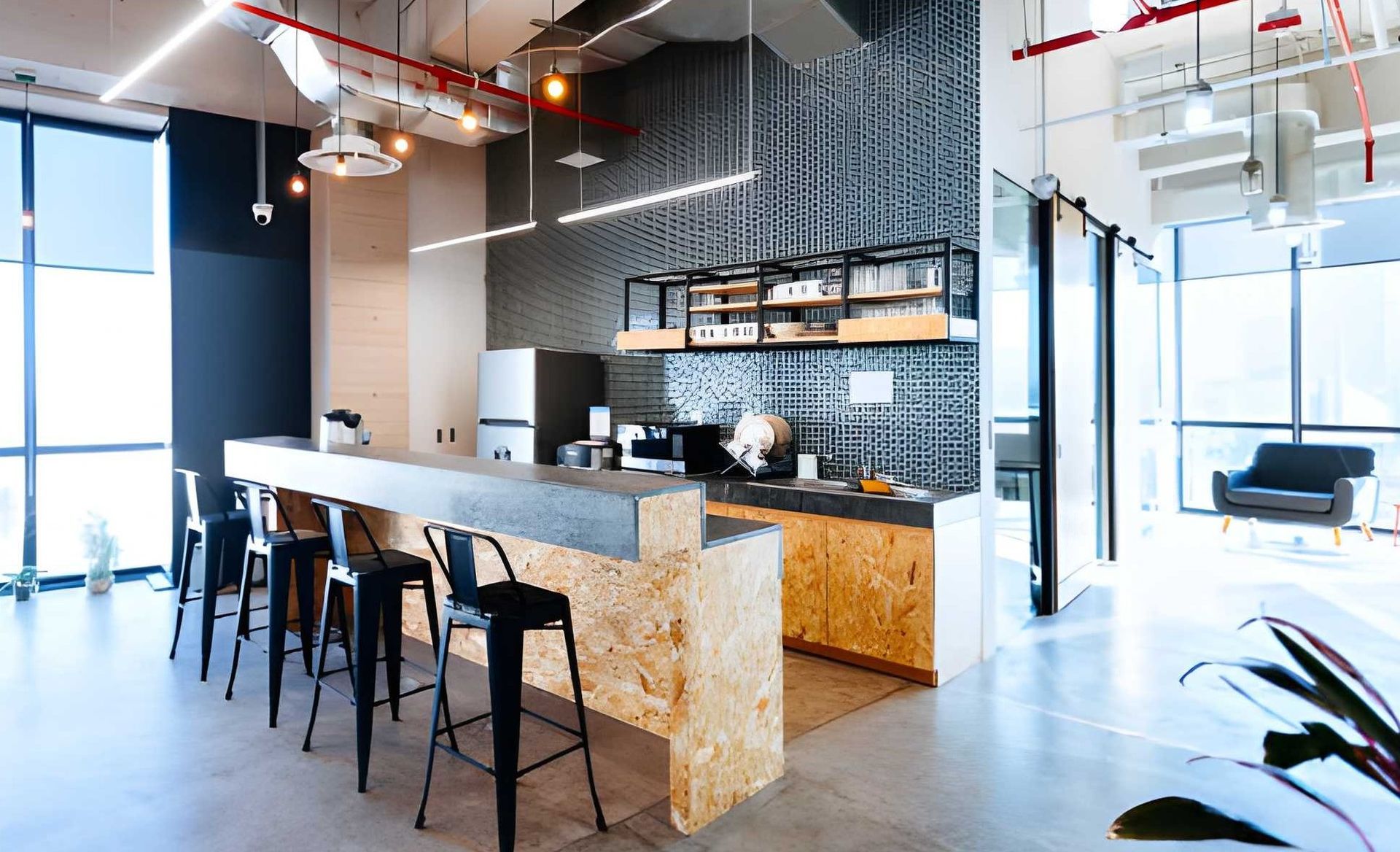 Modern office kitchen with a bar, stools, appliances, and high windows.