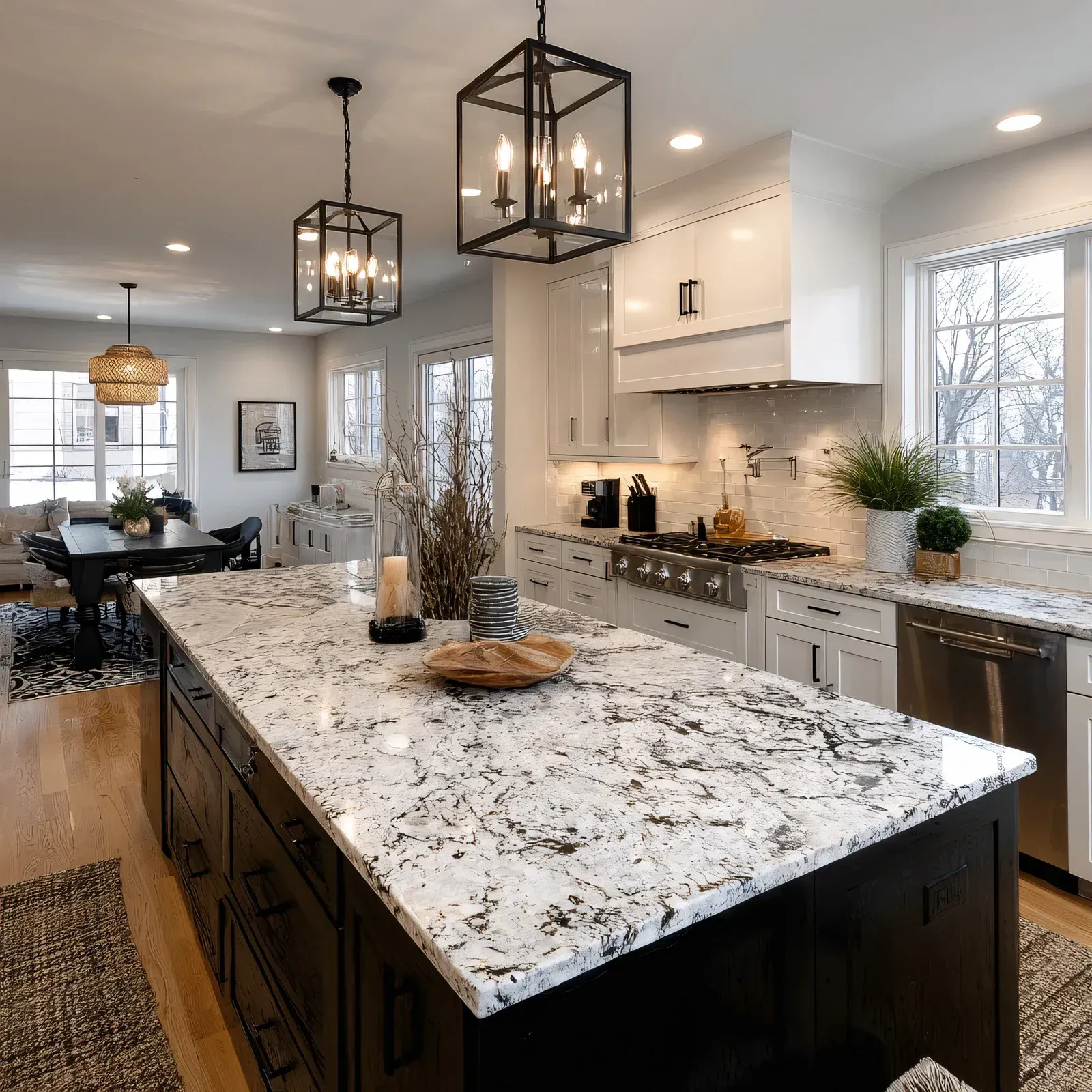 Modern kitchen with black island, granite countertop, white cabinets, and pendant lights.