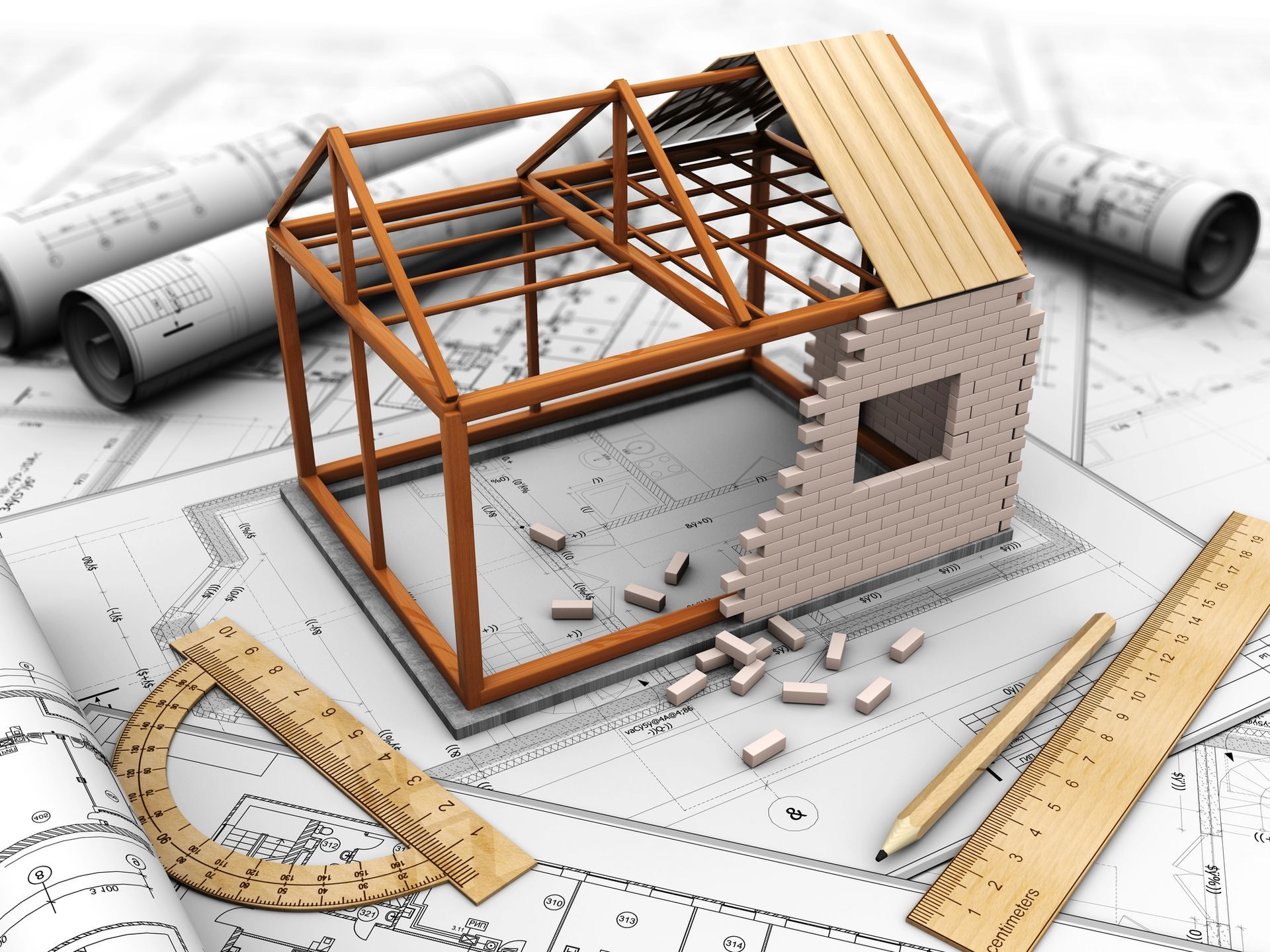 Modello 3D della struttura di una casa con planimetrie, righelli e materiali sparsi per le pareti in mattoni.