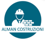 Logo ALMAN COSTRUZIONI con icona di un operaio edile, mattoni e sfondo circolare color verde acqua.